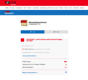 FOCUS-Business-Liste TOP Wirtschaftsstrafrecht in Deutschland 2026 mit dem Eintrag der Kanzlei SCHNEIDER || MICK Rechtsanwälte Strafverteidiger PartmbB, Hamburg und Berlin
